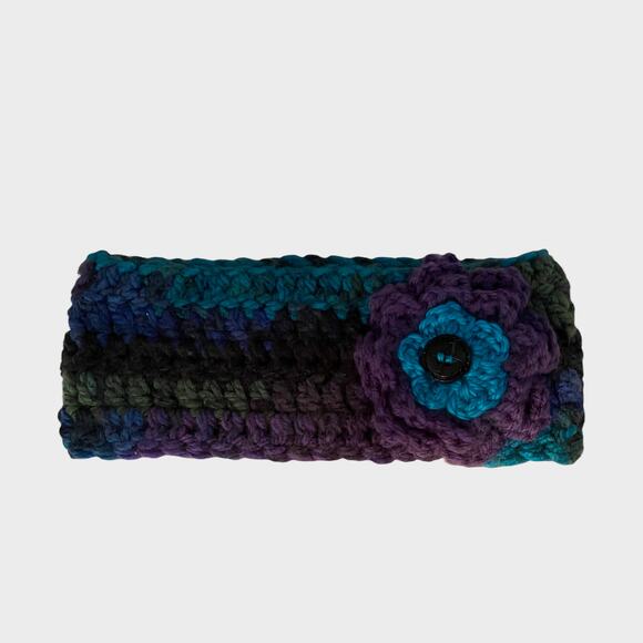 Handknit Yarn Headband with Flower Blue Purple Gray Youth Girls - Picture 1 of 7